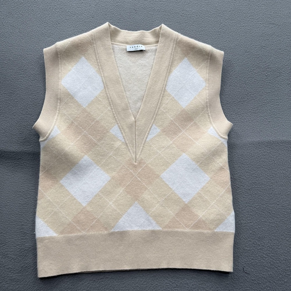 Sandro Sweater Vest‎ Womens 1 Beige Argyle Knit V-Neck Preppy Cashmere Blend